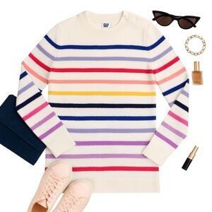 GAP 100% Cotton Rainbow Stripe Crewneck Sweater Women’s L Pride Colors in EUC